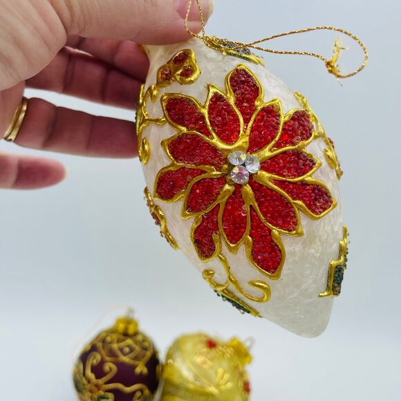 4 Embellished Frosted Glass Christmas Ornaments Elongated Poinsettia Holly Gold - Picture 3 of 11